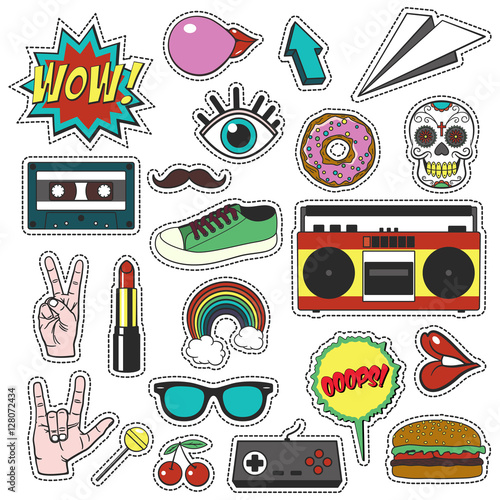 Retro patch badges set. Collection of cartoon icons, stickers and stripes in vintage comic style.