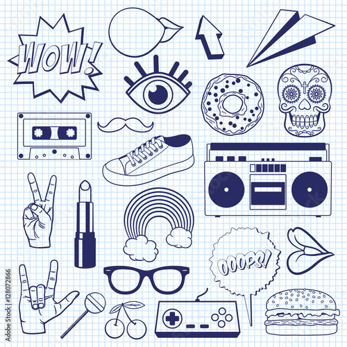 Retro cartoon icons on a squared notebook sheet. Sketch of vintage signs and symbols.