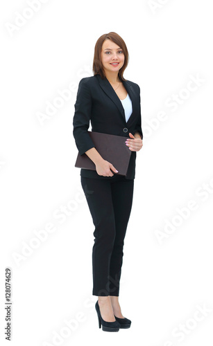 Quadro su tela Young happy business woman, isolated on white