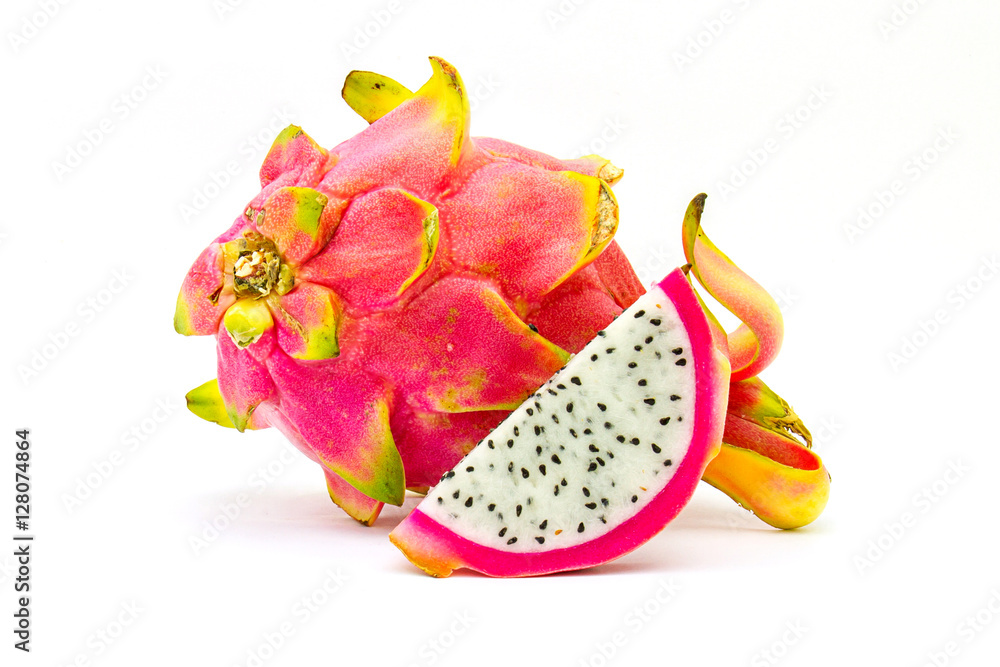 Vivid and Vibrant Dragon Fruit isolated against white background. Vivid and Vibrant Dragon Fruit isolated against white background.