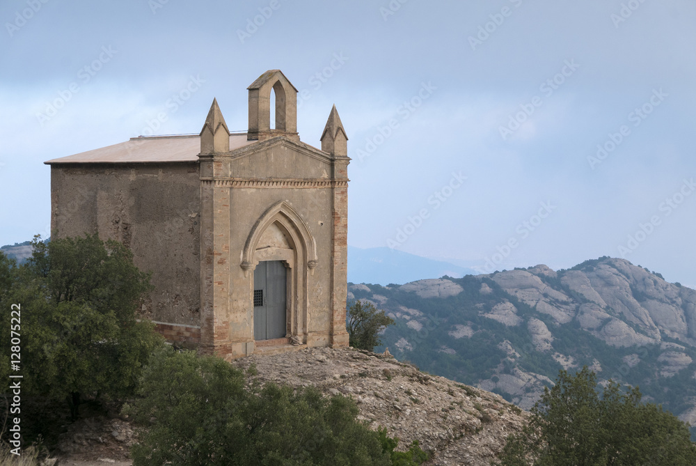 Small chapel and mountain near the monastery of Montserrat in Ca