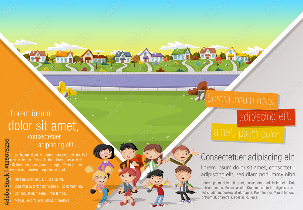 Template for advertising brochure with cartoon family in suburb neighborhood.
