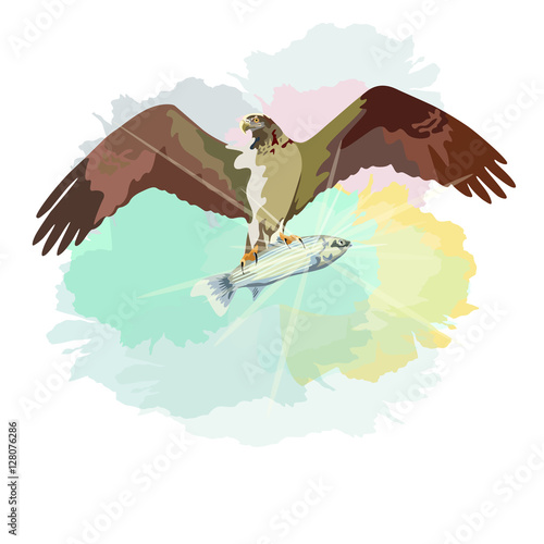 Abstract watercolor draw of eagle soaring in sky with prey fish, sun