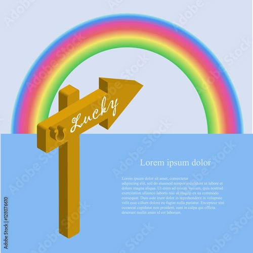 Inspiration banner Lucky on brown pointer on a blue background, rainbow, white Lorem ipsum, vector illustration