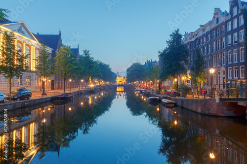 Amsterdam. Night view of the houses along the canal.