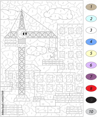 Cartoon crane. Color by number educational game for kids
