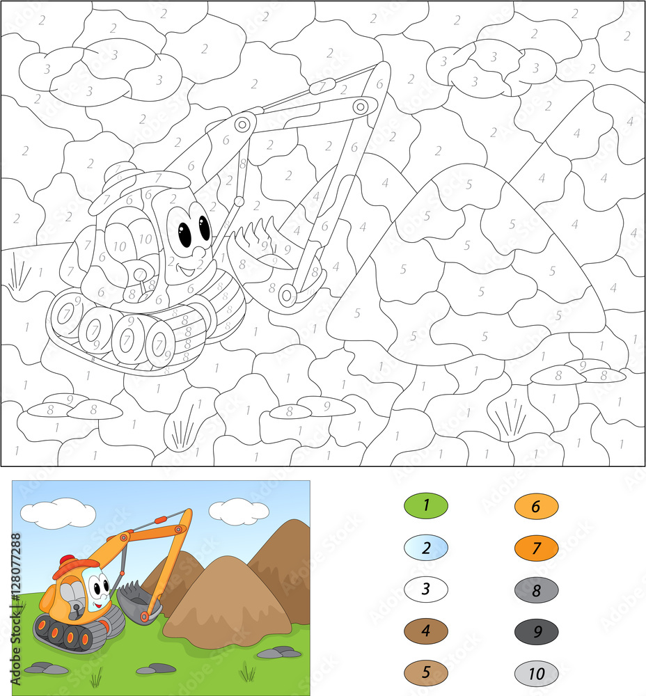 Cartoon excavator. Color by number educational game for kids Stock ...