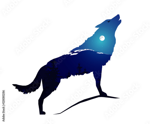 Image abstract. Silhouette of howling wolf with mountains landscape. Night. Moonlights.