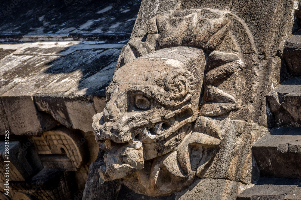 Carving details of Quetzalcoatl Pyramid at Teotihuacan Ruins - Mexico ...