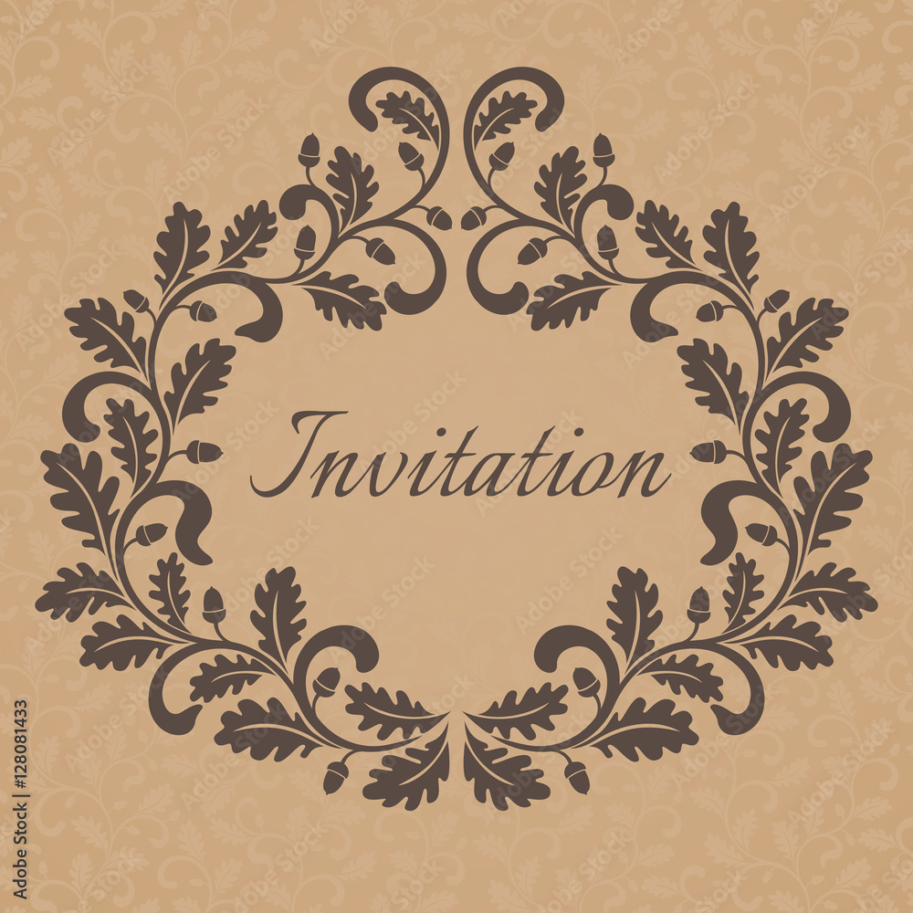 Vintage Invitation template. Frame decorated with oak leaves and acorns