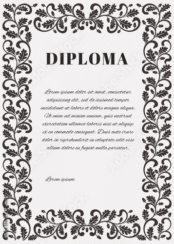 Template for diploma with Guilloche background grid and ornate frame. Frame decorated twisted branches with oak leaves and acorns.
