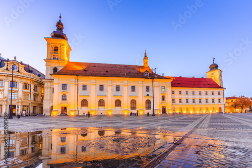 Sibiu, Romania. Large Square and City Hall. Transylvania medieval city.