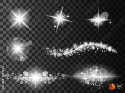 Silver glitter bokeh lights and tinsel. Bright star, solar particles and sparks with glare effect on a transparent background
