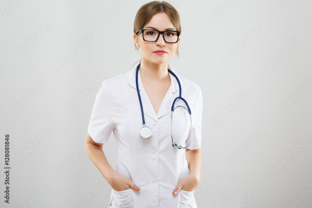Beautiful nurse in white medical robe Beautiful nurse in white medical robe
