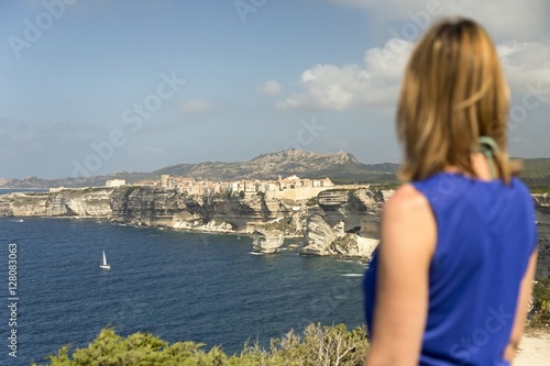 The white cliffs of Bonifacio and the old village from the trail to Cape Pertusato, Corsica, France