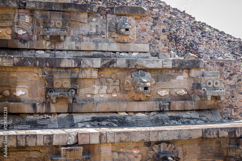 Carving details of Quetzalcoatl Pyramid at Teotihuacan Ruins - Mexico City, Mexico