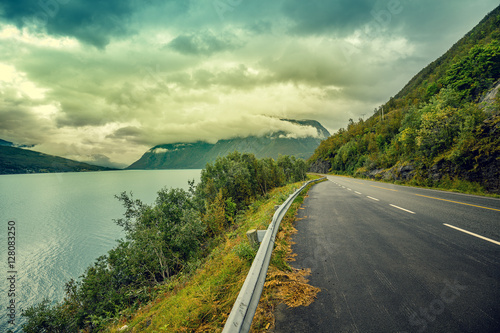 The road along the fjord. Lofoten Islands. Norway
