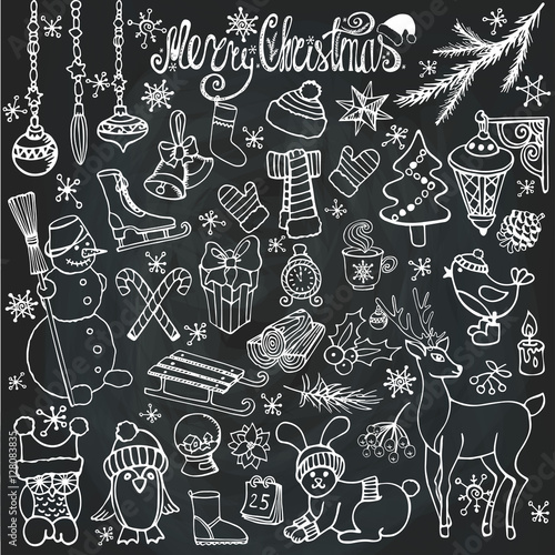 Christmas season doodle icons,animals.Chalkboard