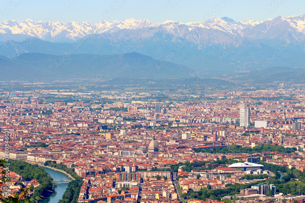Turin (Torino), aerial panorama, landscape of the city and Alps in wintertime, Italy, Europe