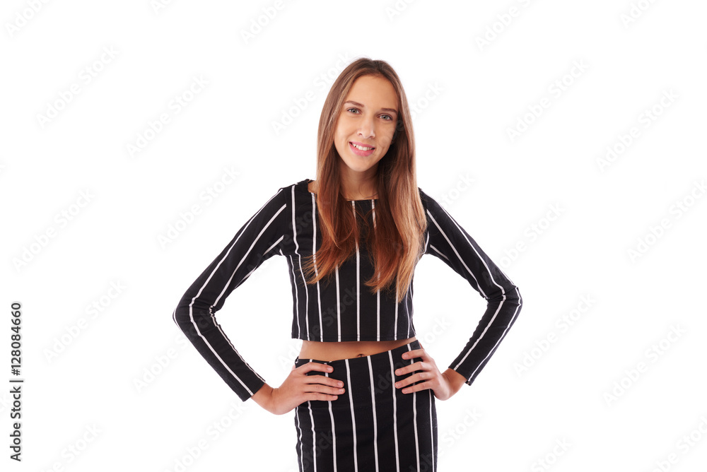 Fototapeta premium Fashion portrait of elegant girl in white and black crop top and