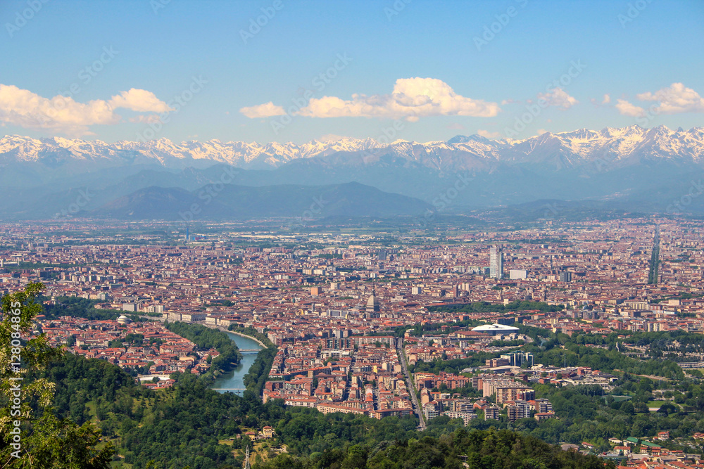 Turin (Torino), aerial panorama, landscape of the city and Alps in wintertime, Italy, Europe