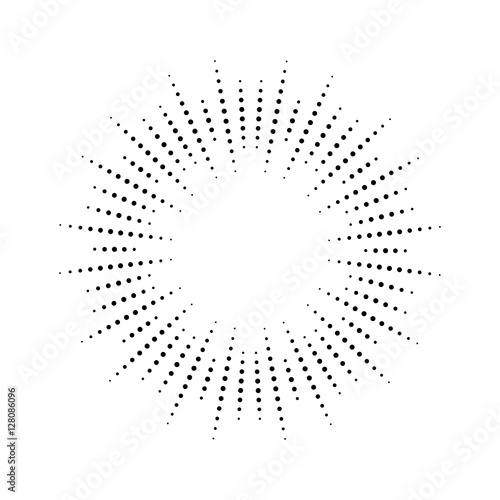 Halftone effect illustration. Black dots on white background. Black and white Sunburst background. Abstract dotted background.