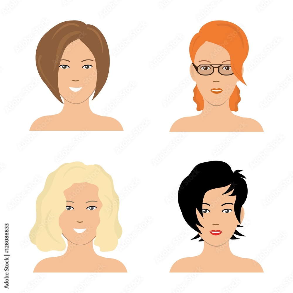 Set of woman hair styling. Four different images of girls. It can be used for the websites and forums. Vector illustration Set of woman hair styling. Four different images of girls. It can be used for the websites and forums. Vector illustration