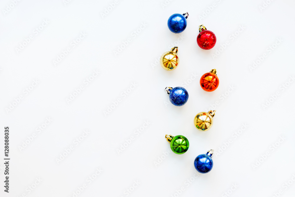 Christmas and New Year background with shiny colorful balls. Flay lay, top view. Place for text.
