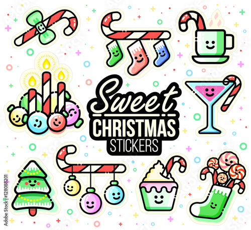 Christmas characters sticker set. Candy canes  ornaments  stockings  drinks  candles  Xmas decorations. Flat line style. New year festive designs.