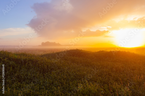 Foggy meadow at sunset