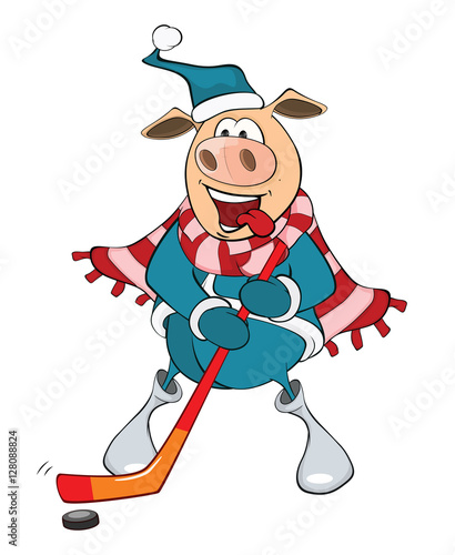 Illustration of a Cute Pig Ice Hockey Player. Cartoon Character