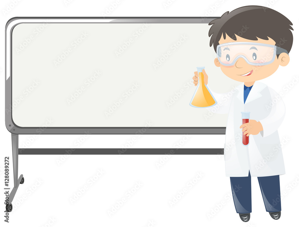 Scientist with beakers standing by the board Scientist with beakers standing by the board