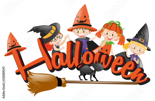 Halloween theme with kids and broom photo