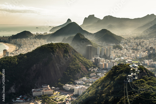 View of misty Rio de Janeiro city by sunset from the Sugarloaf Mountain