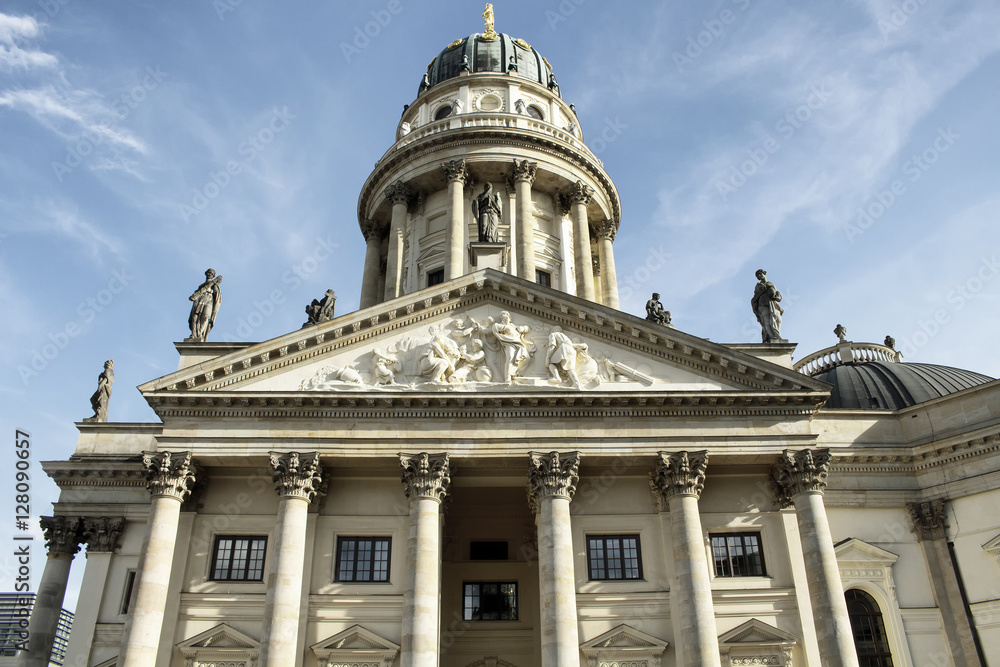 Bottom view of German Cathedral in Gendarmenmarkt Berlin. 18th-century structure including displays on the parliamentary democracy of the German Bundestag.