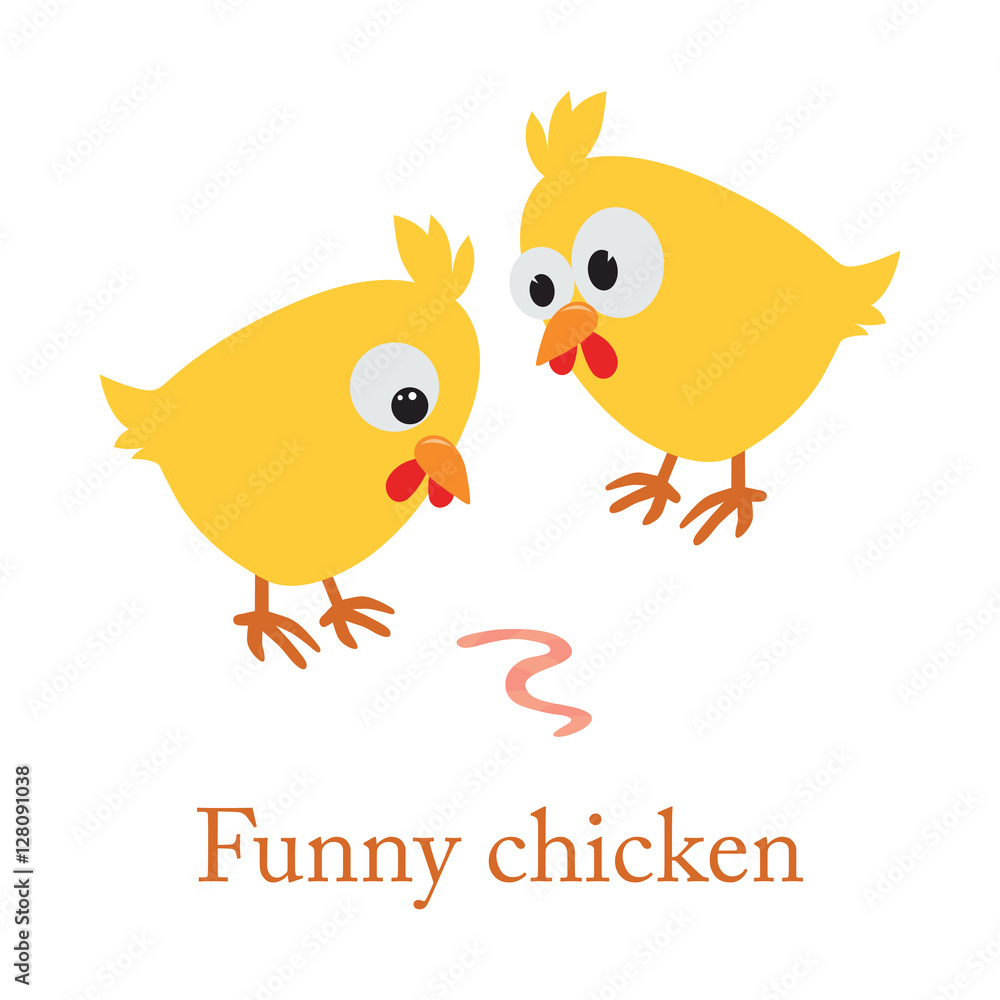 Cute cartoon yellow chicken with worm, vector, bird, illustrations, animal,  illustration on white background.