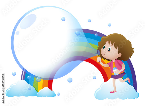 Little girl blowing bubbles with rainbow background