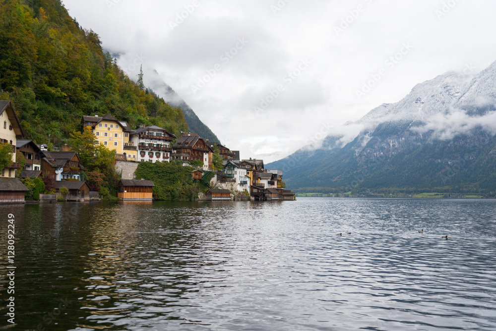 Hallstatt town and lake during gloomy and cloudy day