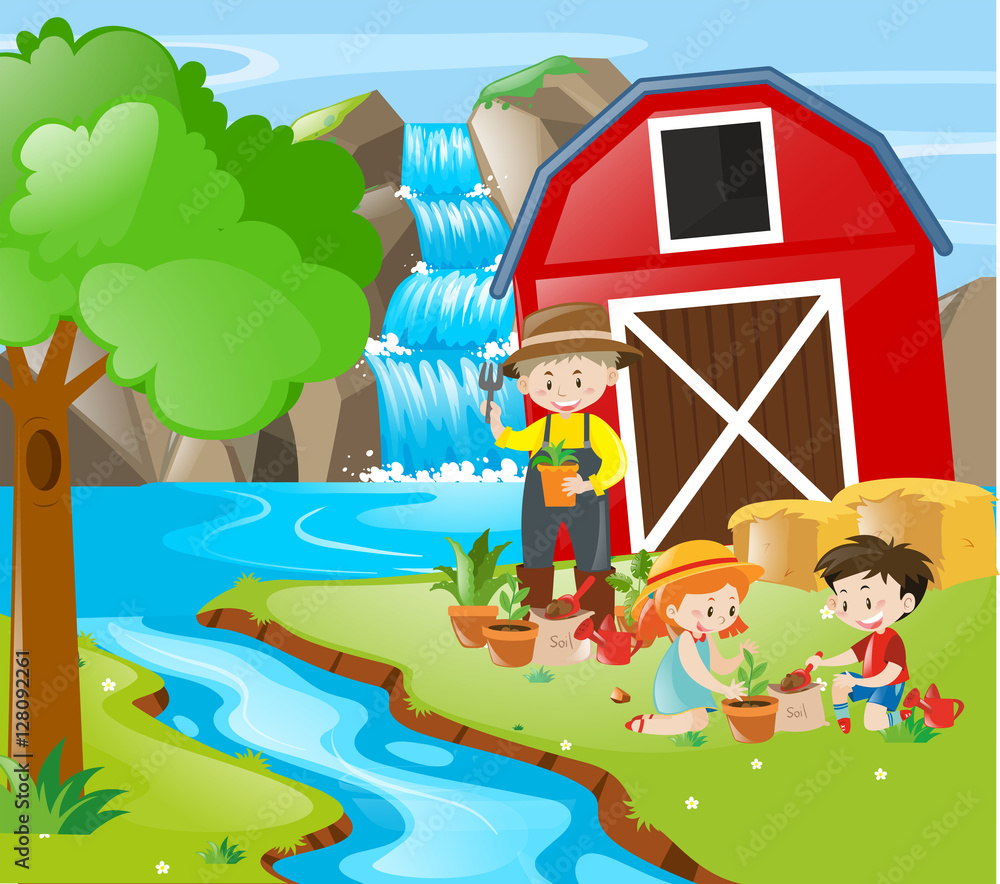 Fototapeta premium People planting tree by the river