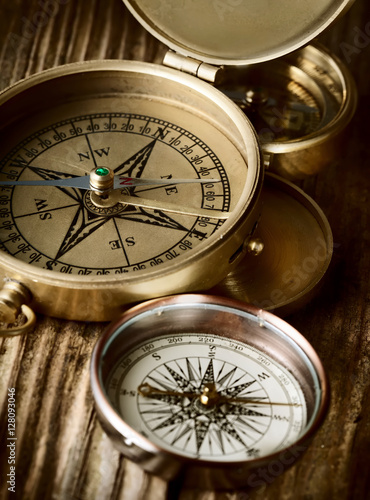 antique compasses on wooden background