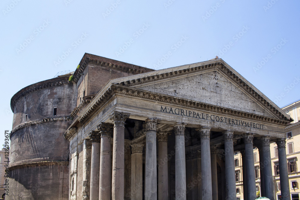 View of Pantheon on a sunny day in Rome. Iconic temple built circa 118 to 125 A.D. with a dome & Renaissance tombs, including Raphael's.