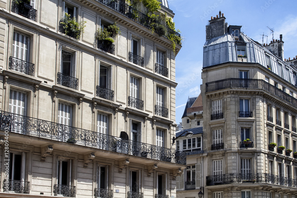 View of buildings in France showing French architectural style in Paris. Captured in 2nd arrondissement.