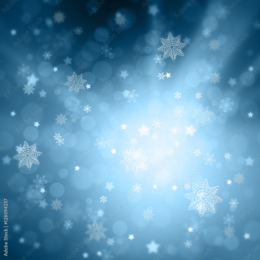 Blue colored blurry bokeh with abstract star shapes and snowflakes. Magical Christmas and New Year Holiday greeting card copy space illustration background.