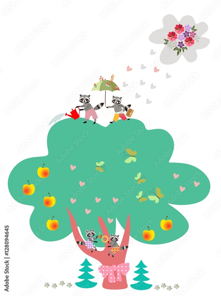 Naklejka premium Visual educational game for children. What is wrong? Vector illustration with lovely raccoons. Entertainment.