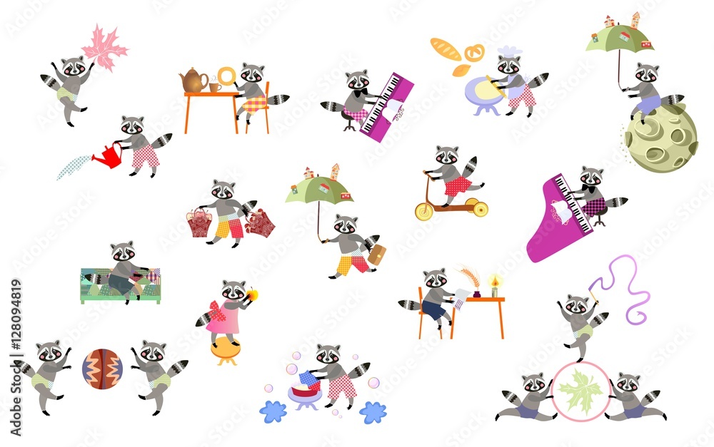 Fototapeta premium Vector set of cute cartoon raccoons isolated. Print for t-shirt.