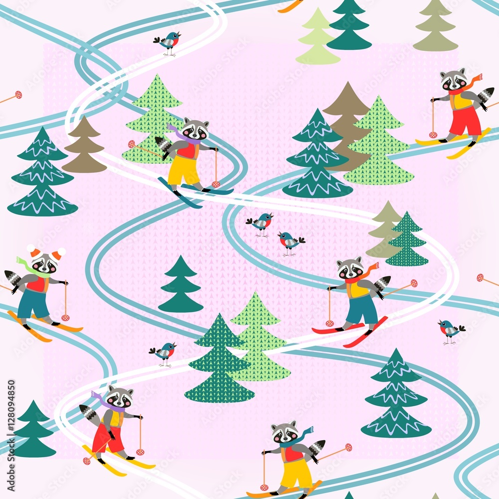Cute funny raccoons on skiing in morning forest. Winter seamless pattern. Stylized knitted fabric. Christmas background.