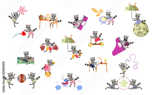Vector set of cute cartoon raccoons isolated. Print for t-shirt. © Happy Dragon