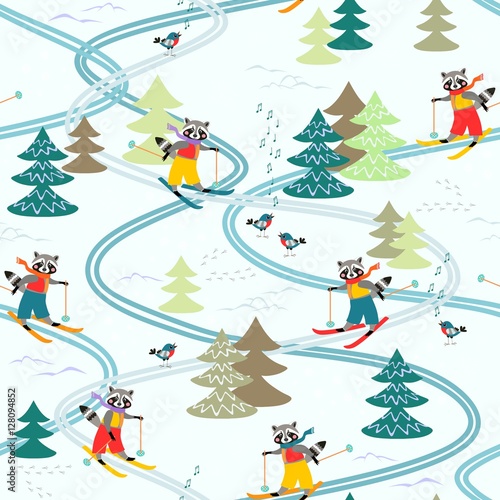 Cute cartoon raccoons on skiing in the forest. Winter seamless pattern. Christmas background.