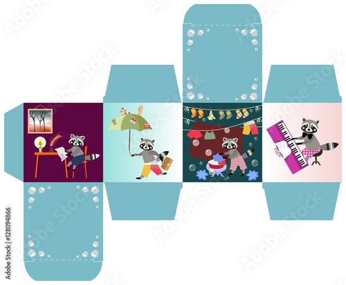 Gift box template with cute cartoon raccoons. Vector illustration.