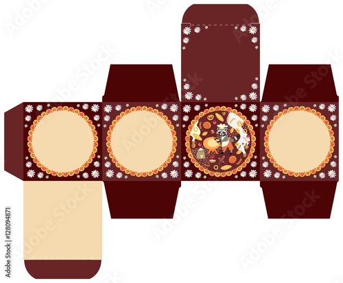 Gift box template with cute funny raccoon baker and bakery products. Vector illustration.